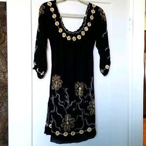 Krista Lee Stylish Black Dress With  Gold Sequined Floral Appliques Size L